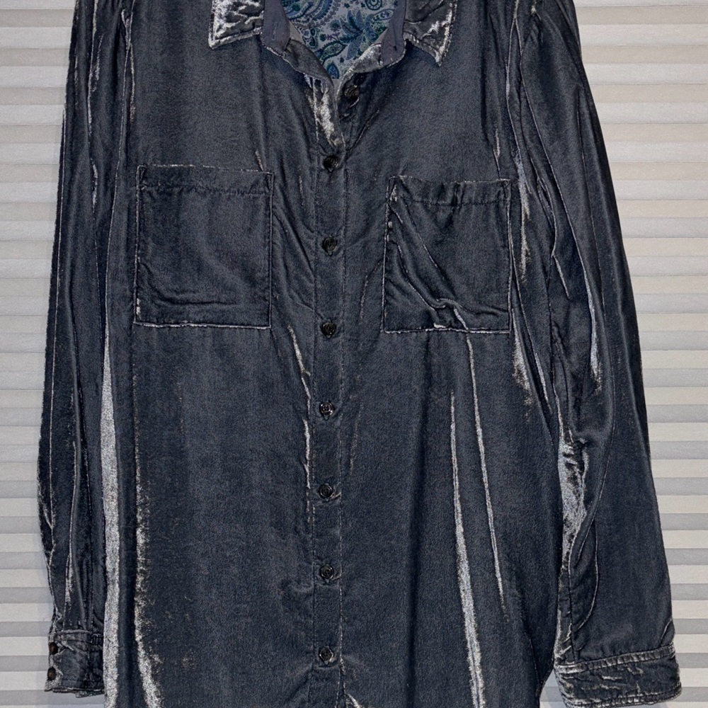 PILCRO Velvet Button-Up Shirt Anthropologie Steel Gray